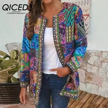 QICED Осень и зима Ретро этнический стиль принтованный длинный рукав толстовка внешний кардиган куртка женская S фиолетовый