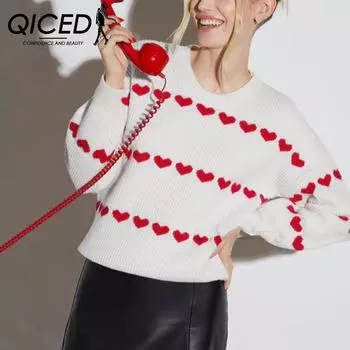 QICED Осень и зима Влюбленные Фестиваль Любовь Свободный свитер Трикотаж Женщина S чёрный