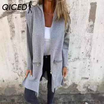 QICED Осень/Зима Однотонная повседневная куртка с капюшоном на молнии Пальто S красный