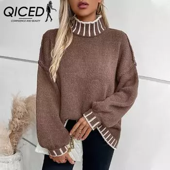 QICED Осень-Зима Полосатый Водолазка Женский Свободный Большой Размер Свитер Топ Женский S хаки