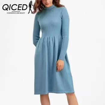 QICED осень-зима, полувысокая шея, большие качели, длинное вязаное платье, утягивающее талию, с длинным рукавом, простой темпераментный свитер, нижняя юбка, женская one size
