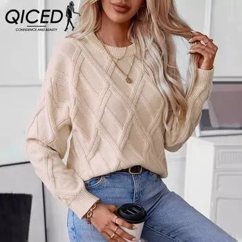 QICED Осень-Зима Ромбовидный Пуловер Свитер Женский Свободный Круглый Вырез Трикотажная Женская Блузка S абрикосовый