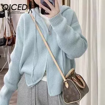 QICED Осень-зима Свободный модный однотонный свитер с капюшоном, мягкий трикотажный кардиган на молнии Uniform size синий
