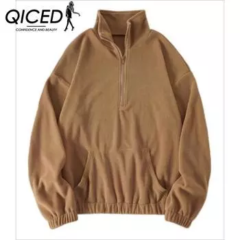 QICED Осень-Зима Свободный полукардиган на молнии с капюшоном из кашемира для женщин S темно-зеленого