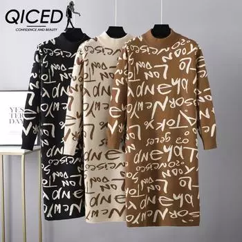 QICED осень зима винтажный вязаный пуловер с длинными рукавами и буквами граффити платье-свитер one size хаки