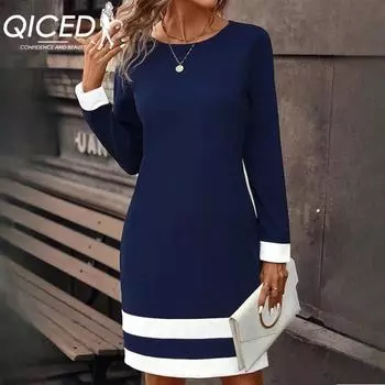 QICED Осень-зима Женская мода обтягивающие цветные платья с длинным рукавом и круглым вырезом S чёрный