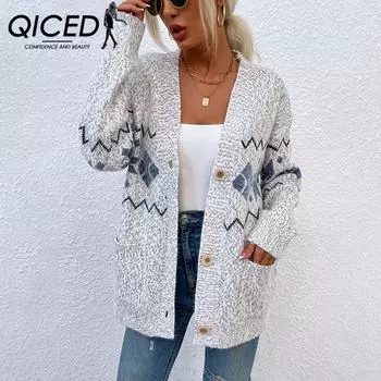 QICED Осень-зима Женский рождественский снежный трикотаж Однобортный карманный свитер Женщина S розовый