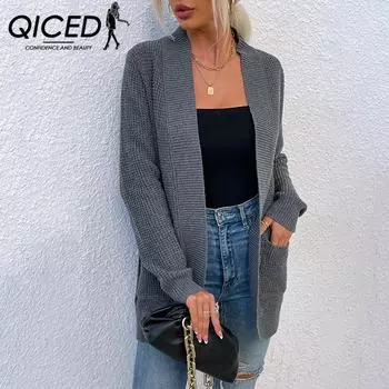 QICED Осень-зима Женский трикотаж Подол Закругленный карман Свитер Женское пальто S белый