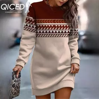 QICED Осень/Зима Женское Платье-Свитшот с принтом и О-образным вырезом S морская ракушка/рубиново-красный