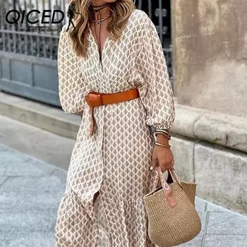 QICED Осень-зима Модный пояс с V-образным вырезом Простой темперамент Длинное платье S хаки