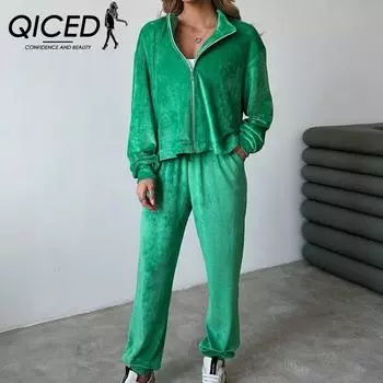 QICED Осенне-зимнее пальто с карманами на молнии с длинными рукавами и закрытыми брюками, бархатные брюки, повседневный костюм S чёрный