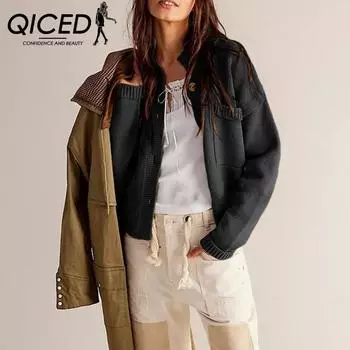 QICED Осенне-зимнее трикотажное пальто с воротником-стойкой, однотонный кардиган, свитер для женщин S чёрный