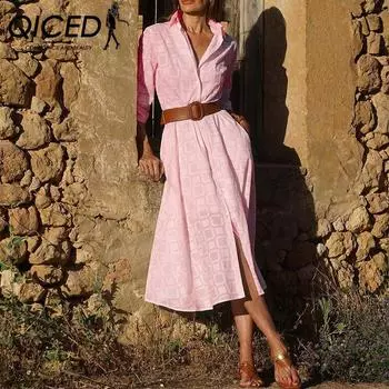 QICED Осень-зима Женская мода клетчатый принт платье-рубашка средней длины S белый