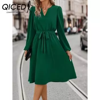 QICED осенне-зимнее женское однотонное платье с длинным рукавом и принтом, маленькое платье на шнуровке с v-образным вырезом и высокой талией S чёрный