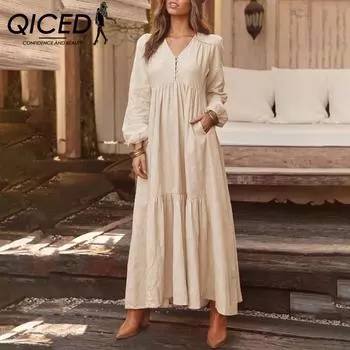 QICED осенне-зимнее женское повседневное платье из хлопка и льна с пуговицами в стиле ретро с длинными рукавами, длинная юбка, разноцветное