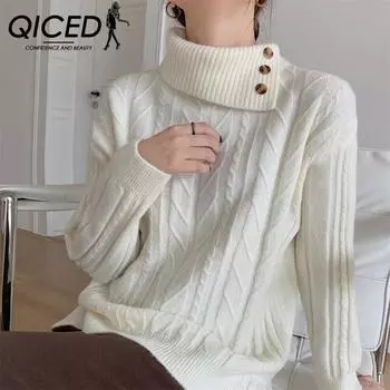 QICED Осенне-зимний дизайн Sense of Niche Водолазка свитер женский свободный простой стиль утолщенный внутри трикотажная рубашка с перекрученным верхом Uniform size белый