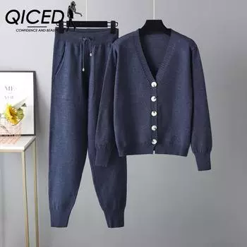 QICED Осенне-зимний комплект из кардигана с V-образным вырезом и брюк Harlen, однотонный комплект из двух предметов: кардигана и свитера One Size