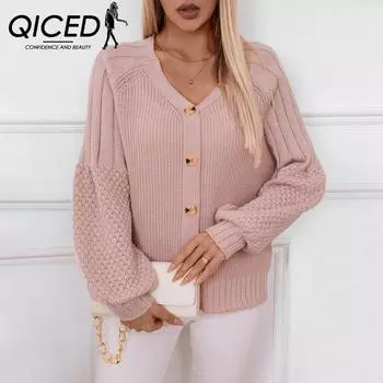 QICED Осенне-зимний однотонный вязаный кардиган на пуговицах, пальто, повседневный свободный свитер с рукавами-фонариками для женщин S розовый