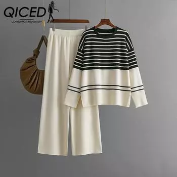 QICED Осенне-зимний полосатый вязаный свитер из двух частей с круглым вырезом, свободный повседневный и модный костюм One Size