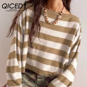QICED Осенне-зимний пуловер свободный свитер в полоску короткий трикотажный женский S чёрный