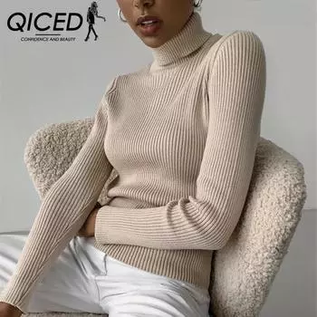 QICED Осенне-зимний свитер, трикотажный пуловер с резинкой, длинный рукав, высокий ворот, мягкий, теплый, облегающий свитер Uniform size белый