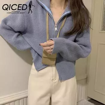 QICED Осенне-зимний свободный ленивый однотонный вязаный кардиган женский дизайн Sense Niche свитер с двойной молнией пальто Uniform size белый