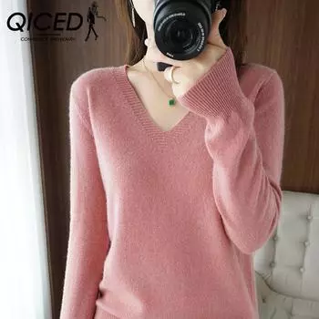 QICED Осенне-зимний трикотаж, женский пуловер с v-образным вырезом и длинными рукавами, однотонная свободная базовая рубашка, тонкая одежда, тонкая S белый