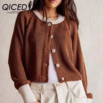 QICED Осенне-зимний женский кардиган контрастного цвета с круглым вырезом, трикотажное пальто с одним рядом пуговиц S темно-коричневого
