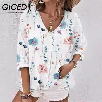 QICED Осенне-зимний женский кардиган с V-образным вырезом на пуговицах из шифона с принтом, длинный рукав S серый