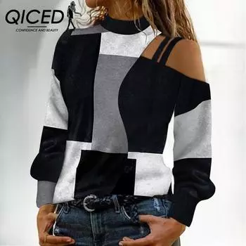 QICED Осенне-зимний женский простой топ без бретелек с геометрическим узором и длинными рукавами в стиле колор-блок S белый/чёрный