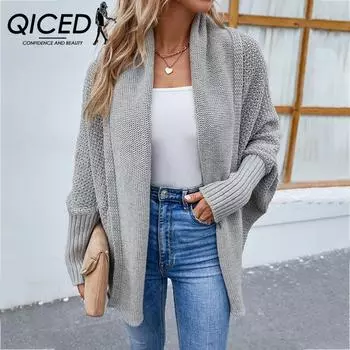 QICED Осенне-зимний женский трикотаж однотонный свитер с рукавами «летучая мышь», кардиган, пальто для женщин S серый