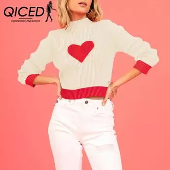 QICED Осенне-зимний женский трикотаж с высоким воротником на День святого Валентина, подходящий по цвету, персиковый, облегающий S чёрный