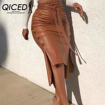 QICED осенне-зимняя кожаная юбка, женская тонкая сумка средней длины с разрезом, юбка на бедрах, юбка из искусственной кожи S чёрный