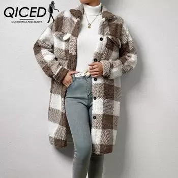 QICED Осень-Зима Открытая Застежка ПОЛО Воротник Плюшевая Клетчатая Куртка Свободный Темперамент Для Повседневной Носки Длинное Пальто Женское S темно-коричневого