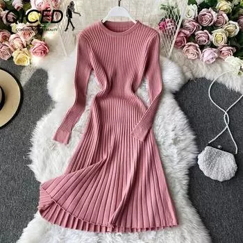 QICED осенне-зимняя однотонная облегающая юбка-свитер с длинными рукавами для женщин и трикотажное платье выше колена до бедер One size