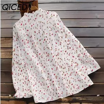QICED Осенне-зимняя рубашка с круглым вырезом и длинными рукавами с цветочным принтом и рукавами-фонариками S