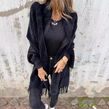 QICED Осенне-зимняя женская накидка из искусственного норкового бархата с кисточками, шаль однотонная, утолщенная, теплая S чёрный