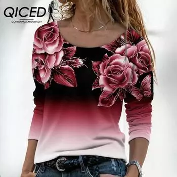 QICED Осенне-зимняя женская свободная повседневная футболка с длинным рукавом и круглым вырезом с принтом S чёрный