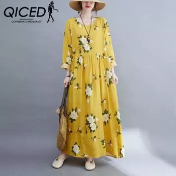 QICED Осеннее элегантное печатное литературное ретро длинное платье Свободное темпераментное качели юбка женское платье M
