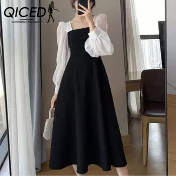 QICED Осеннее французское светское ретро-платье с квадратным воротником и длинными рукавами Богиня-фан в длинном темпераментном маленьком черном платье S чёрный