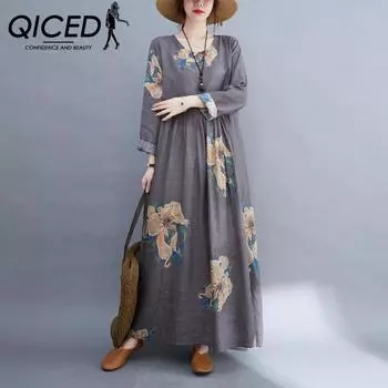 QICED осеннее свободное платье больших размеров в стиле ретро, национальное ветровое платье из хлопка и льна с длинными рукавами и принтом для женщин, платье макси с круглым вырезом
