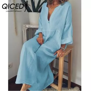 QICED Осеннее свободное платье большого размера Fat Mm с длинными рукавами и принтом для женщин S бежевый