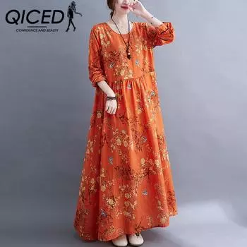 QICED, осеннее винтажное платье с длинными рукавами и принтом в национальном стиле, свободная большая женская юбка M оранжевый