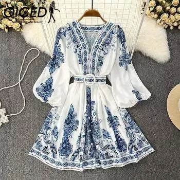 QICED Осеннее женское модное платье с v-образным вырезом и длинными рукавами в богемном принте S синий