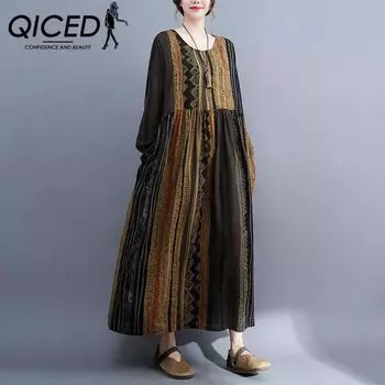QICED осеннее женское платье размера плюс для похудения в стиле ретро в этническом стиле, платье в полоску с длинными рукавами для толстой сестры, осень и зима