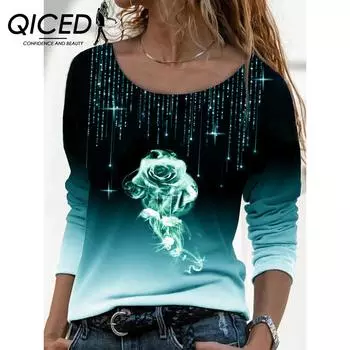 QICED Осенний свободный свитер с длинным рукавом и круглым вырезом с принтом роз Футболка для женщин S зелёный