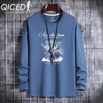 QICED Осенняя футболка с длинными рукавами, мужская, большого размера, свободная, с круглым вырезом, трендовая внутренняя нижняя рубашка S белый