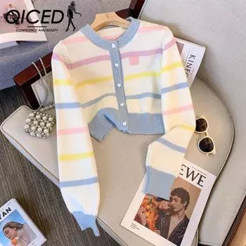 QICED Осенняя любовь бархатные пуговицы цветные полосы вязаный кардиган ленивый маленький ароматный ветер вязаный свитер топ для женщины Uniform size розовый