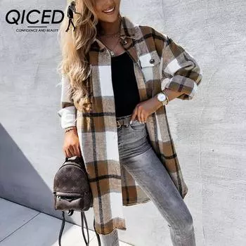 QICED Осенняя мода клетчатая рубашка средней длины пальто S хаки