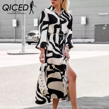 QICED Осенняя мода с принтом, повседневная длинная юбка с карманом и шнуровкой, платье-рубашка S чёрный